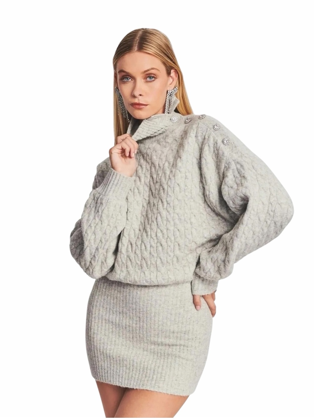 Retrofete Waverly Gray Cable Knit Crystal Button Turtleneck Sweater Dress Large
